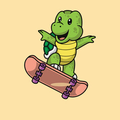 Cute turtle playing skateboard cartoon premium vector
