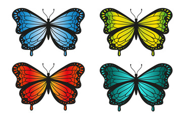Butterfly set in red, blue, yellow, turquoise colors. Wild nature concept