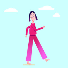 Step forward - slim girl in glasses with blue hair with crimson clothes in the sky in grainy texture