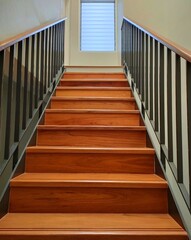 Brown wooden stairs with iron railings. to walk up and down in the house
