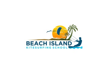 Fototapeta na wymiar Kiteboarding sport logo design beach island sunset palm coconut tree vacation extreme sports surf