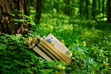 old book and flowers in forest, blurred natural green background. romantic inspiration image....