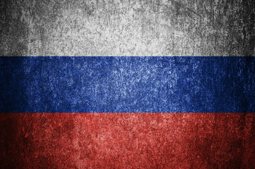 Closeup of grunge Russian flag. Dirty Russia flag on a metal surface