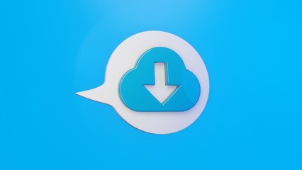 Download-Icon auf einer weissen Sprechblase mit blauem Hintergrund, 3D-Rendering