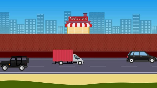 Car moving and driving on an urban street with a restaurant 4k animation. Traveling by car in a town with a cityscape background 4K footage. Vehicle running on the road with street restaurant video.