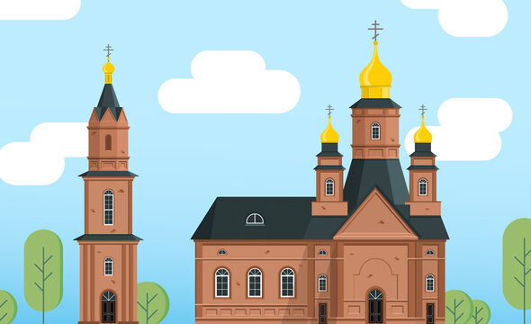 church and bell tower color flat illustration against the background of the sky and trees.