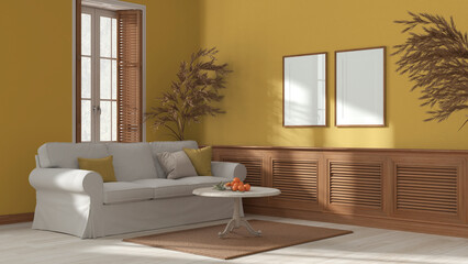 White and yellow living room, colonial vintage style. Fabric sofa, wooden panel, window with shutters. Carpet, table and decors. Frame mockup, contemporary interior design