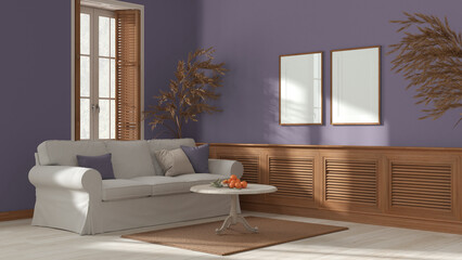 White and purple living room, colonial vintage style. Fabric sofa, wooden panel, window with shutters. Carpet, table and decors. Frame mockup, contemporary interior design