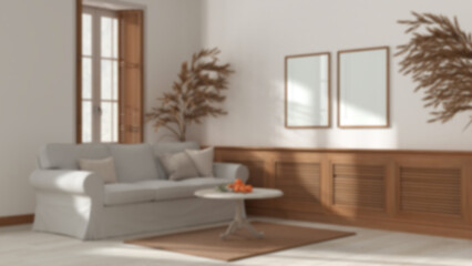 Blurred background, living room, colonial vintage style. Fabric sofa with pillows, window with shutters. Carpet, table and decors. Frame mockup, contemporary interior design