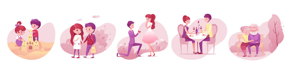 Love scenes of couples set, boy and girl building sand castle, walking, marriage proposal