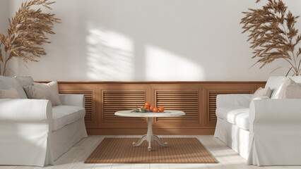 Living room in white tones, colonial vintage style. Fabric sofa with pillows, wooden panel. Carpet, table and decors. Plaster wall with copy space, contemporary interior design