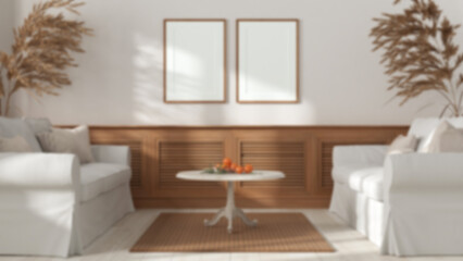 Blurred background, living room, colonial vintage style. Fabric sofa with pillows, wooden panel. Carpet, table and decors. Frame mockup, contemporary interior design