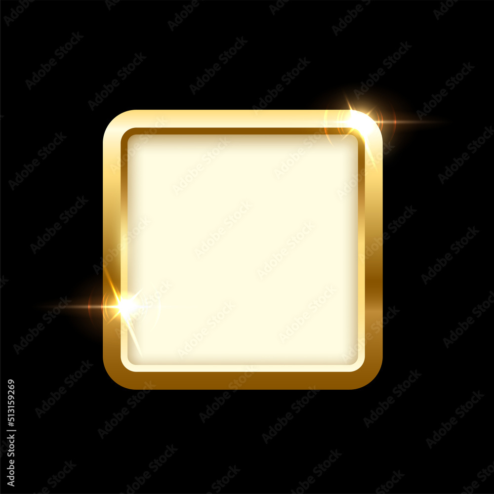 Poster 3d plate button of square shape with golden frame, realistic isolated website element