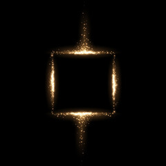 Magic square frame with spray of gold dust tail, particles with shiny light effect