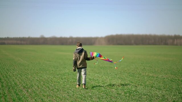 A boy walks across the field carrying a multi-colored kite in his hands.