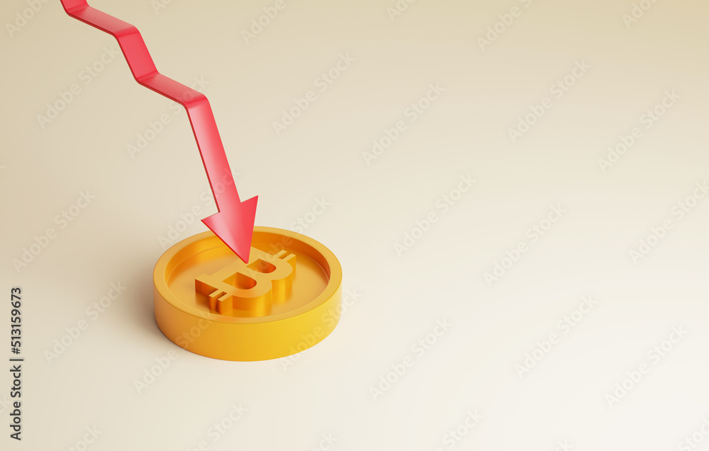Poster red arrow downward graph and bitcoin coin on white background.