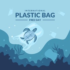 International plastic bag free day, Say no to plastic, Save nature, Save the ocean, world ocean day, Sea turtle in a plastic bag, vector illustration.	
