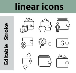 Set of Wallet Related Vector Line Icons. Contains such Icons as Top up or Withdraw Funds, currency wallet, Money Transfer, Payment and more. Editable Stroke. Pixel Perfect.