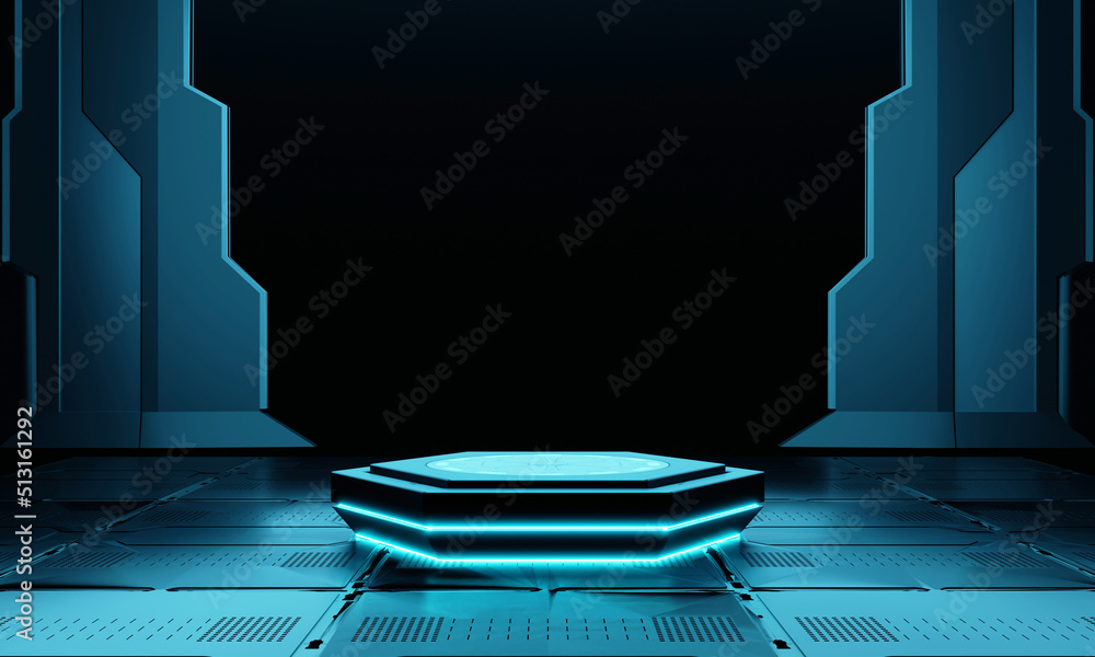 Aufkleber cyberpunk blue empty hexagon podium in the dark spaceship with glowing light for product presentatio