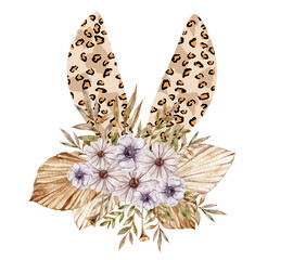 Cute watercolor bunny ears clipart with flower bouquet isolated on white background. Nursery  illustration for print, sublimation, poster, sticker, baby shower. Trendy boho flower bouquet clipart.