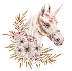Cute watercolor unicorn clipart with flower bouquet isolated on white background. Nursery unicorn illustrationfor print, sublimation, poster, sticker, baby shower. Trendy pink cartoon horse clipart.