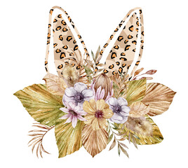 Cute watercolor boho bunny ears clipart with flower bouquet isolated on white background. Nursery  illustration for print, sublimation, poster, sticker, baby shower. Trendy boho flower bouquet clipart