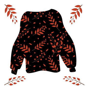 Autumn sweater in black with red floral ornament, vector image.