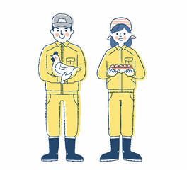 鶏と卵を抱えている養鶏業の男性と女性