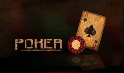 Vintage poker background with casino chip and playing spades card, vector illustration