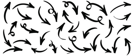 hand drawn arrow icon set isolated on white background. Doodle vector illustration.