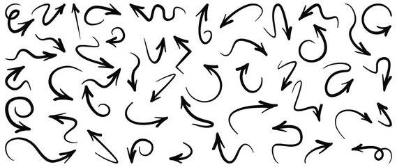 hand drawn arrow icon set isolated on white background. Doodle vector illustration.