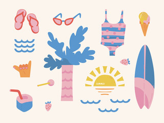 Travel illustration, with sun, sea, surfboard, strawberry, ice cream, glasses and flip flops elements. Rest on the sea