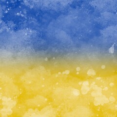Fototapeta na wymiar Abstract blue and yellow national Ukrainian flag with white paint splash on the surface. Bright colored texture for poster or wallpaper. Blue cloudy sky over the wheat yellow field.