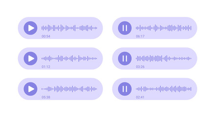 Voice message with sound waves and pause icon. Audio social media recording chart. Podcast soundwave line. Volume equalizer with spectrum noise, button. Shape of mobile talk track. Vector illustration