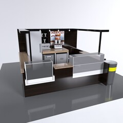 3D illustration of a modern food kiosk against a black and white background. Food preparation is in the middle and customers can get around it