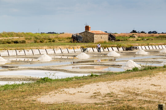 Paludier devant une petite maison en pierres avec girouette et deux charrettes en bois devant un marais salant et ses tas de sel. Marais des Ileaux, Noirmoutier