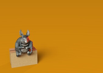 3D-illustration of a cute and funny cartoon kobold helps with the relocation, isolated rendering object
