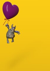 3D-illustration of a cute and funny cartoon kobold hanging on a balloon, isolated rendering object