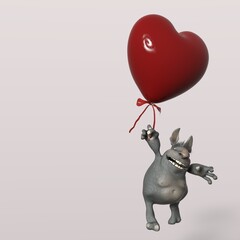 3D-illustration of a cute and funny cartoon kobold hanging on a balloon, isolated rendering object