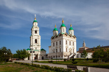 Fototapeta na wymiar Prechistenskaya bell tower with gates and Assumption Cathedral. Astrakhan Kremlin. Astrakhan. Russia