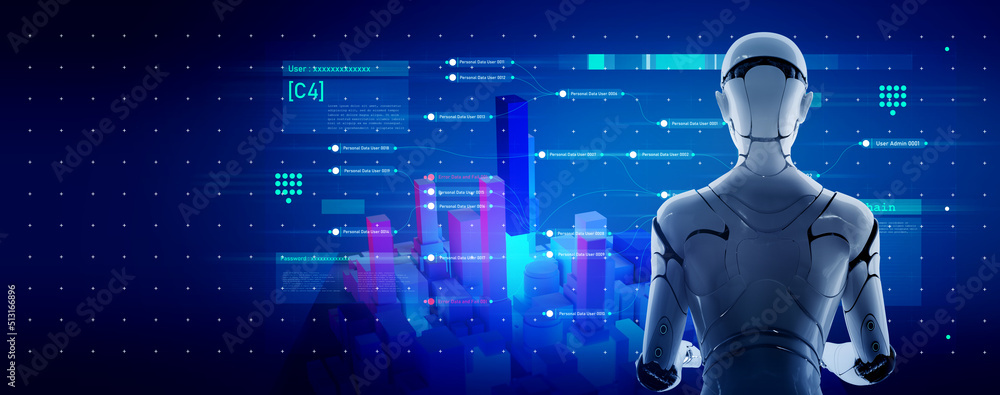 Poster smart city infrastructure technology automated ai robot industry, 3d robot working on city virtual p