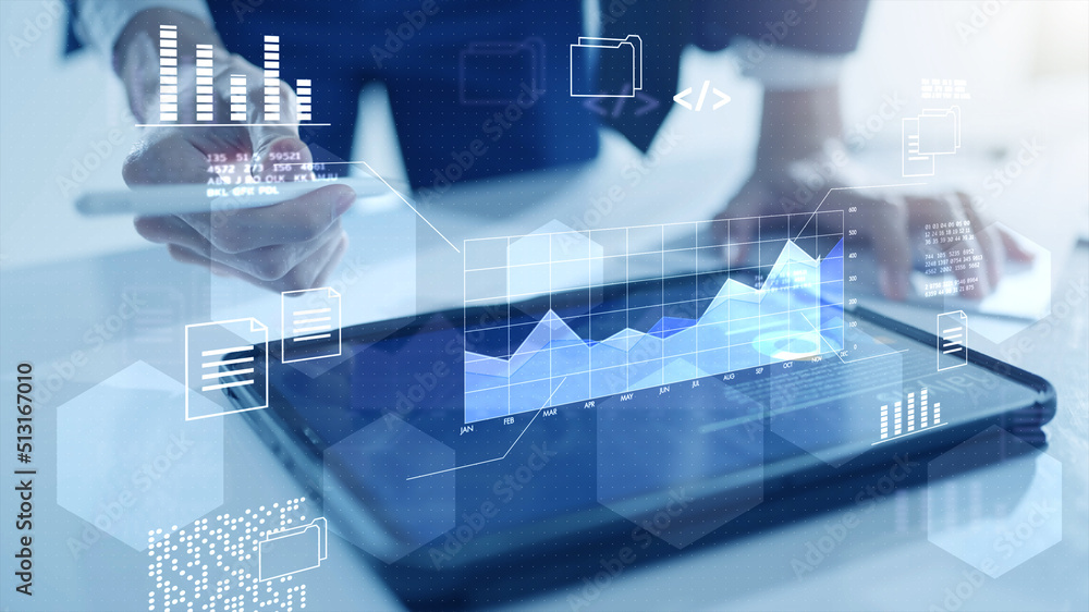Poster business finance data analytics graph chart report, man using mobile tablet searching investment dat