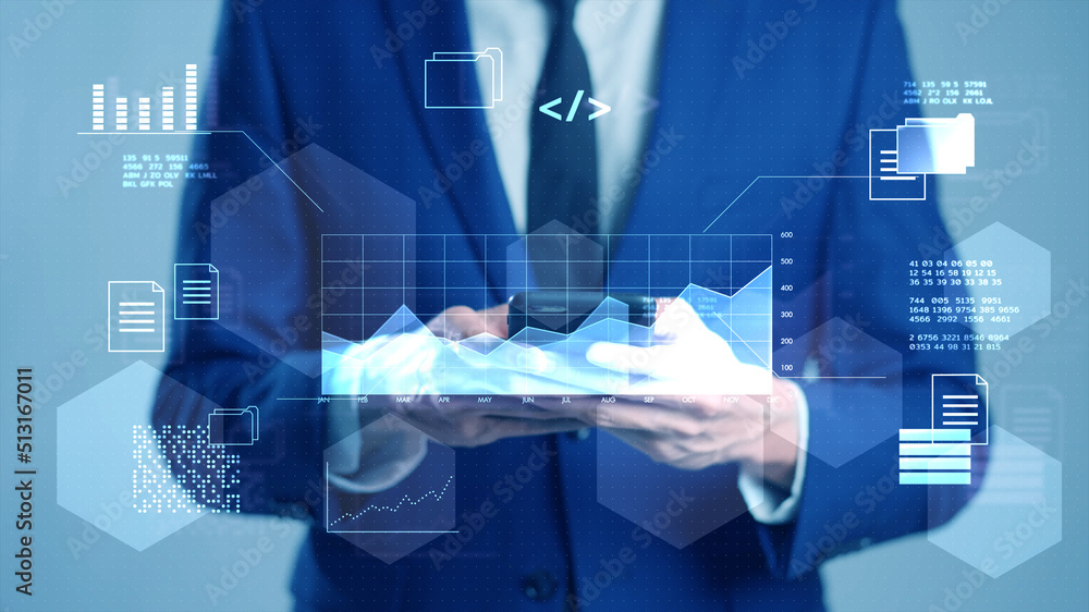 Poster business finance data analytics graph chart report, man using mobile tablet searching investment dat