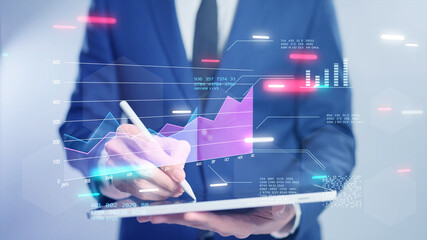 Business finance data analytics graph chart report, man using mobile tablet searching investment...