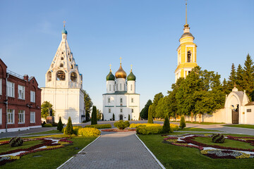 Fototapeta na wymiar Cathedral (Sobornaya) Square with Assumption Cathedral and bell towers of Kolomna Kremlin in Old Kolomna city at summer sunset