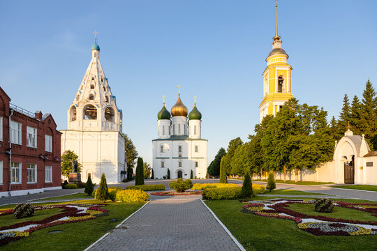 Cathedral (Sobornaya) Square with Assumption Cathedral and bell towers of Kolomna Kremlin in Old Kolomna city at summer sunset