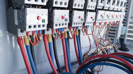 Close-up electrical wiring main contactors of machine control,
 circuit power control, wiring circuit  electrical panel.