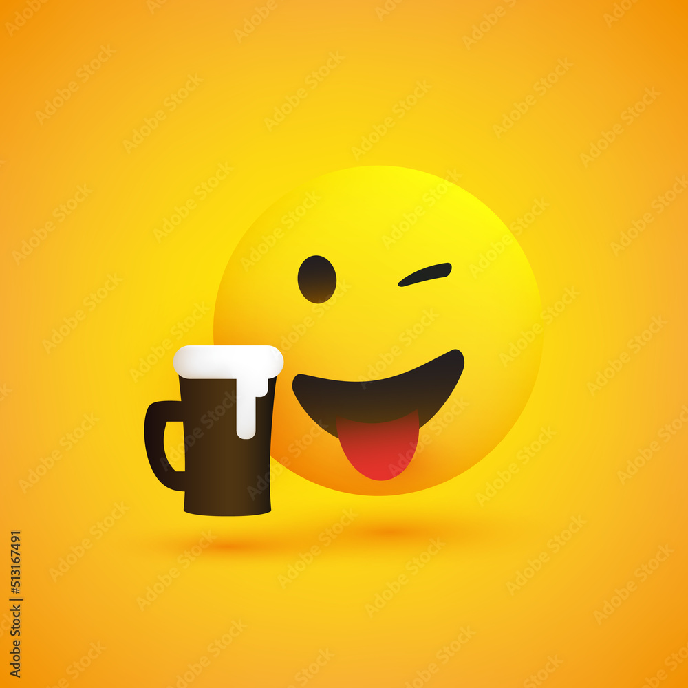 Poster smiling and winking, cheering emoji, enjoying the taste of the frothy alcoholic drink - simple shiny