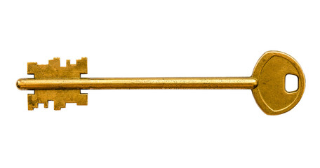 old golden double-sided door key for lever tumbler lock isolated on white background