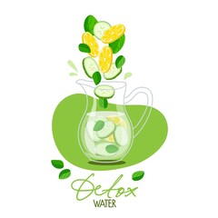Detox water. Lemon and cucumber Pieces with mint leaves falling into water jug. Fresh lemonade in glass pitcher. Summer drink. Cold detox water with fruits for cafe or restaurant menu, summer party.